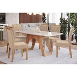 Sala De Jantar Completa Carol C/ Tampo Vidro 180cm + 6 Cadeiras Nature Off White Madeira Nude