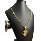 Cordão E Pulseira Cadeado 6mm + Pingente Crf Banhado A Ouro