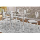 Sala De Jantar Completa Reno C/ Tampo Vidro 150cm + 6 Cadeiras Florença Cromado Courano Branco