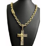 Cordão Cadeado 12mm + Pingente Cruz - Banhado A Ouro 18k