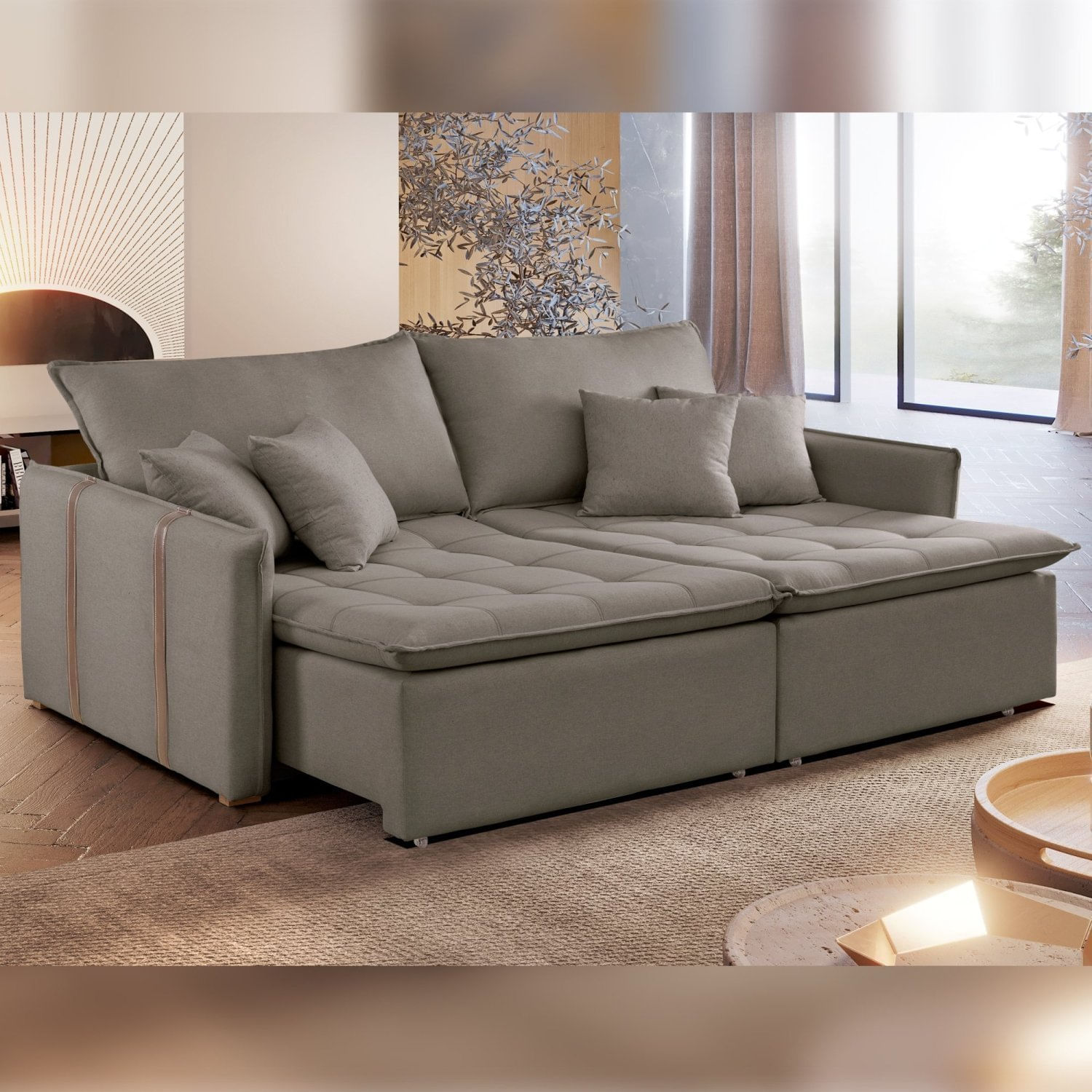 Sofa Cama Retratil E Reclinavel 220cm Detroid Yescasa Bege Escuro