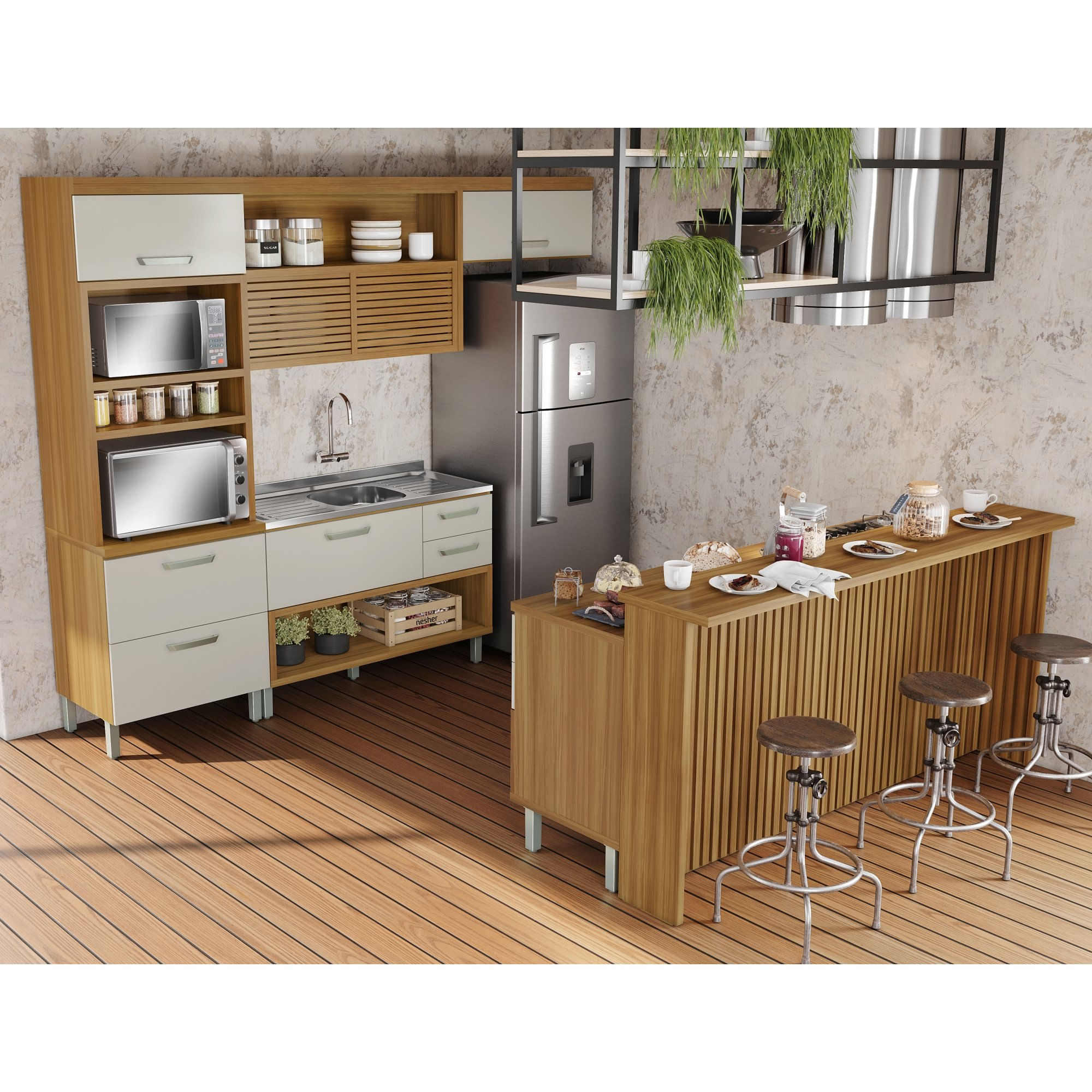 Cozinha 6 Peças Princesa Gourmet Ripado Nesher 100% Mdf Freijó/offwhite