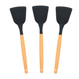 Kit 3 Espátulas Silicone Chapa Cabo De Madeira 32cm Preta -