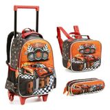 Kit Mochila Carros Rodinhas Escolar Meninos Aulas Dl1383