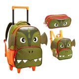 Kit Mochila Dragão Verde Rodinhas Escolar Meninos Dl1360