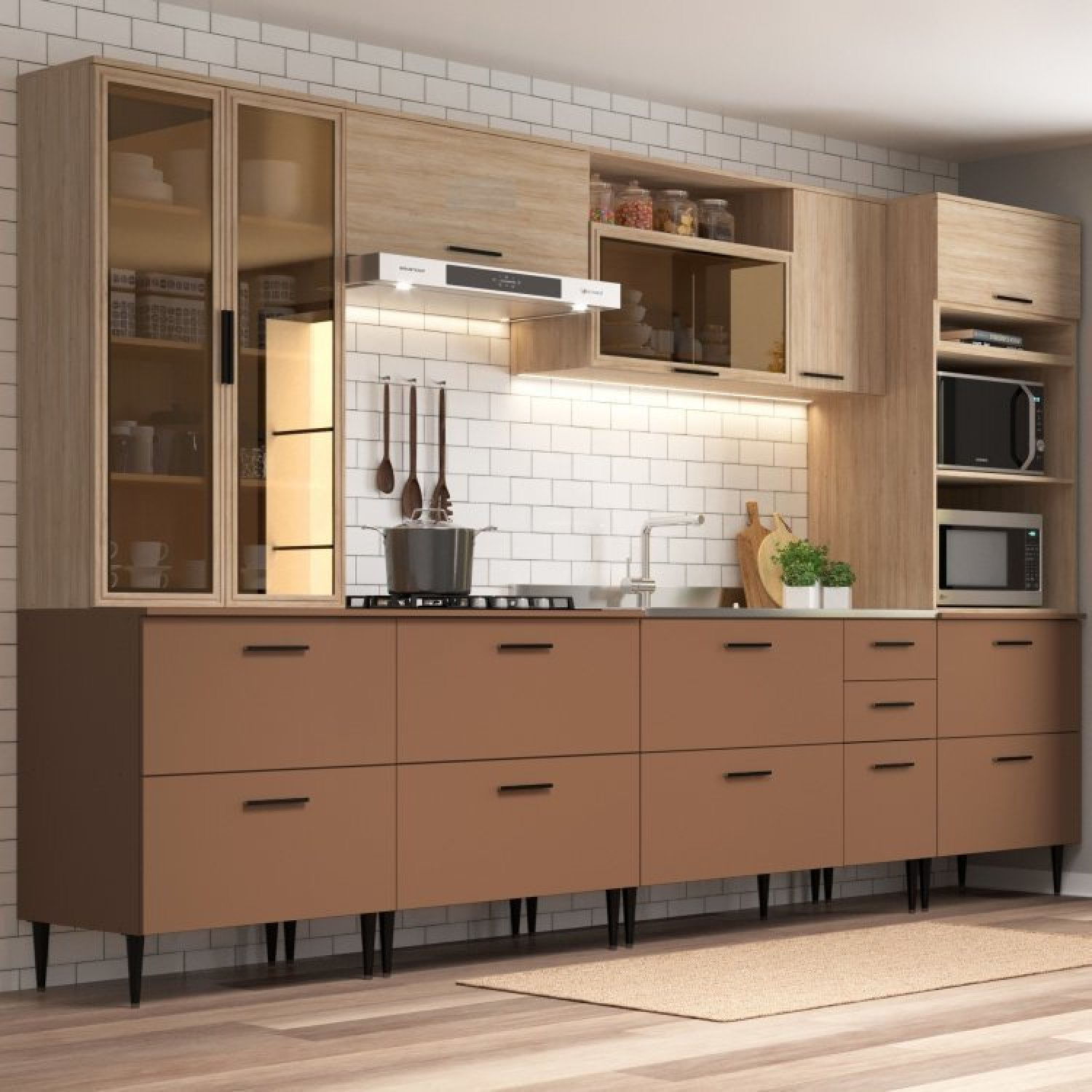 Cozinha Modulada 6 Peças 15 Portas E 2 Gavetas Bárbara Moveis Sul Aveiro Oak/terracota