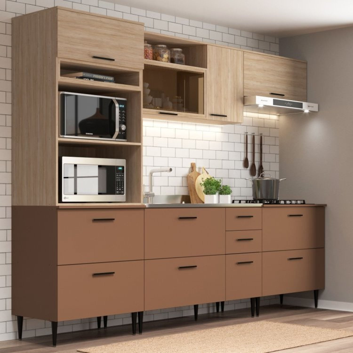 Cozinha Modulada 5 Peças 11 Portas E 2 Gavetas Bárbara Moveis Sul Aveiro Oak/terracota