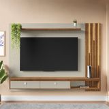 Painel Ripado Autêntico Para Tv Até 80 Polegadas 2 Gavetas Com Friso Decorativo Luminária Led Cascat Off White/naturalle