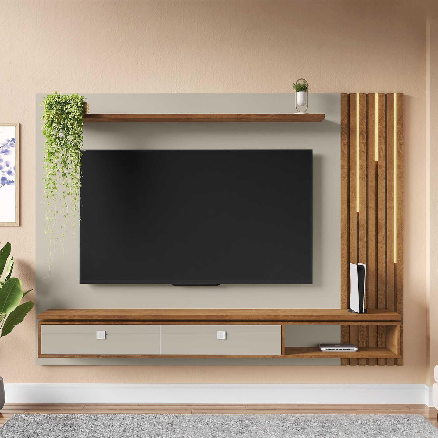 Painel Ripado Autêntico Para Tv Até 80 Polegadas 2 Gavetas Com Friso Decorativo Luminária Led Cascat Off White/naturalle