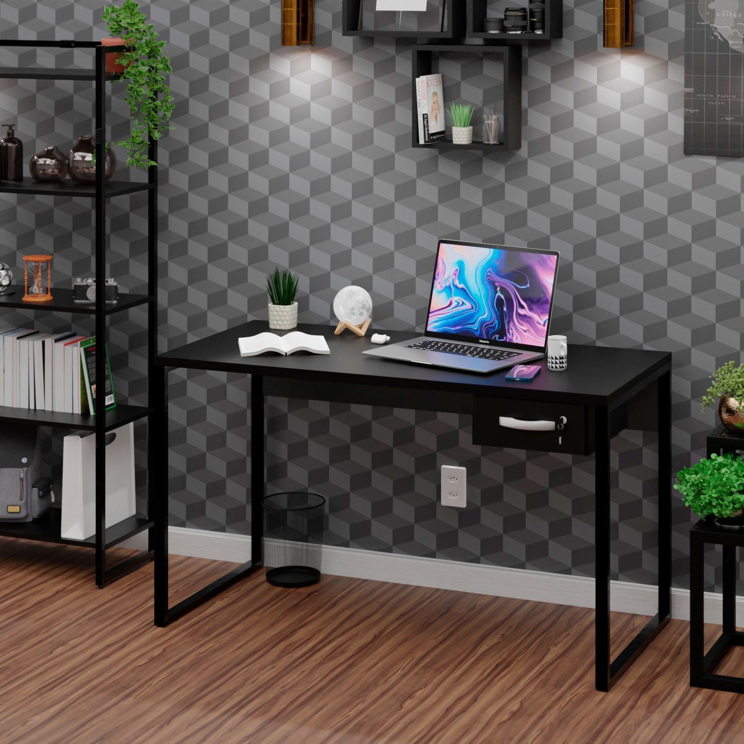 Mesa Para Escritório Diretor Estilo Industrial 135cm Com Gaveta Preto