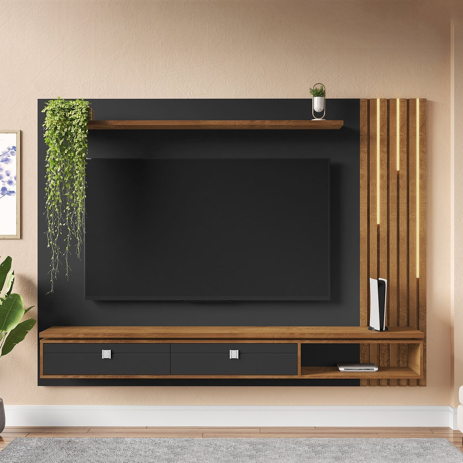 Painel Ripado Autêntico Para Tv Até 80 Polegadas 2 Gavetas Com Friso Decorativo Luminária Led Cascat Preto Fosco/naturalle