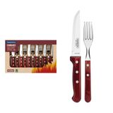 Jogo De Talheres Jumbo Churrasco Aço Inox Cabo De Madeira Polywood Vermelho 12pçs