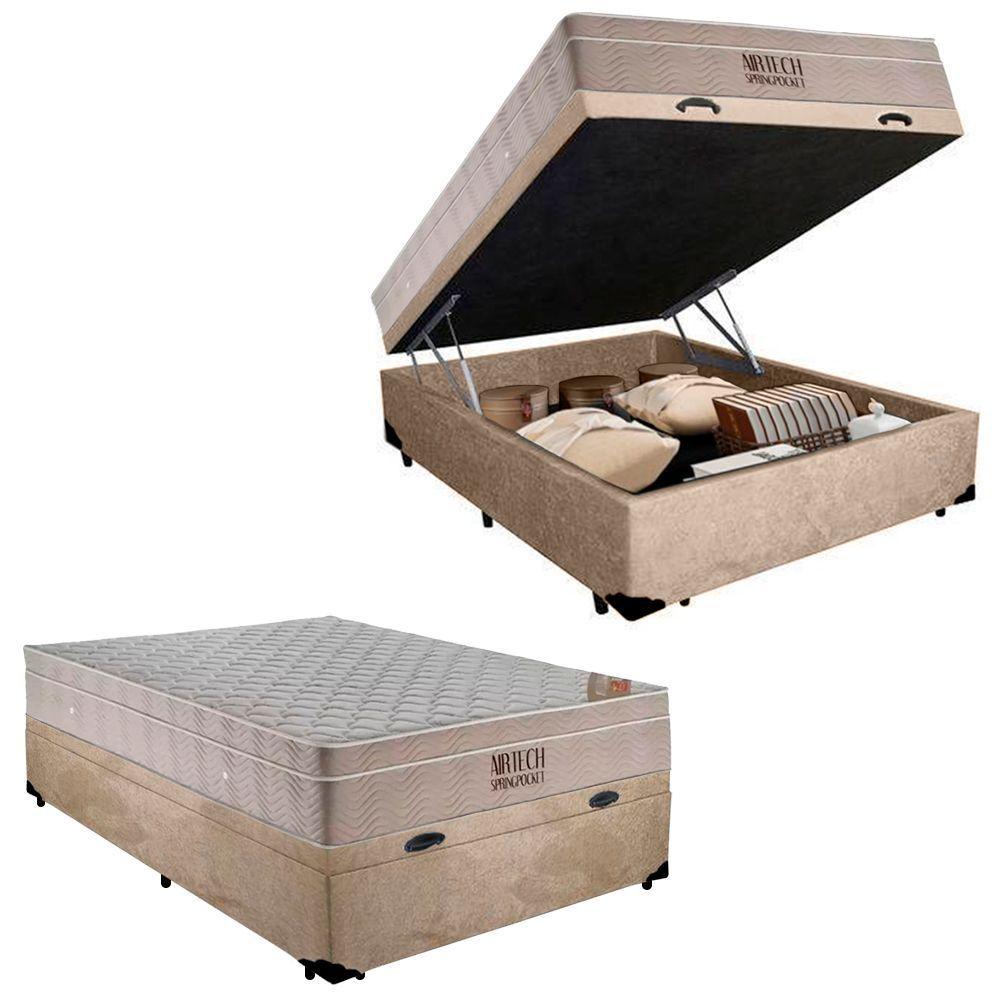 Cama Box Baú Casal Suede + Colchão Molas Ensacadas Airtech Ortobom 69x138x188 Suede Bege