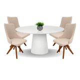 Conjunto Mesa De Jantar Cone 110 Cm Laca Branca + Vidro Com 4 Cadeiras Roma Giratória Cor Branco