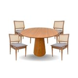 Conjunto Mesa De Jantar Cone 110 Cm Freijó Com 4 Cadeiras Madeira Maciça Tela Sextavada E Assento Em Linho Cor Marrom