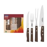 Jogo De Talheres Para Churrasco Em Aço Inox Com Cabo De Madeira Natural 14 Peças