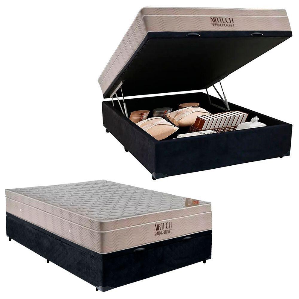 Cama Box Baú Casal Suede + Colchão Molas Ensacadas Airtech Ortobom 69x138x188 Suede Preto