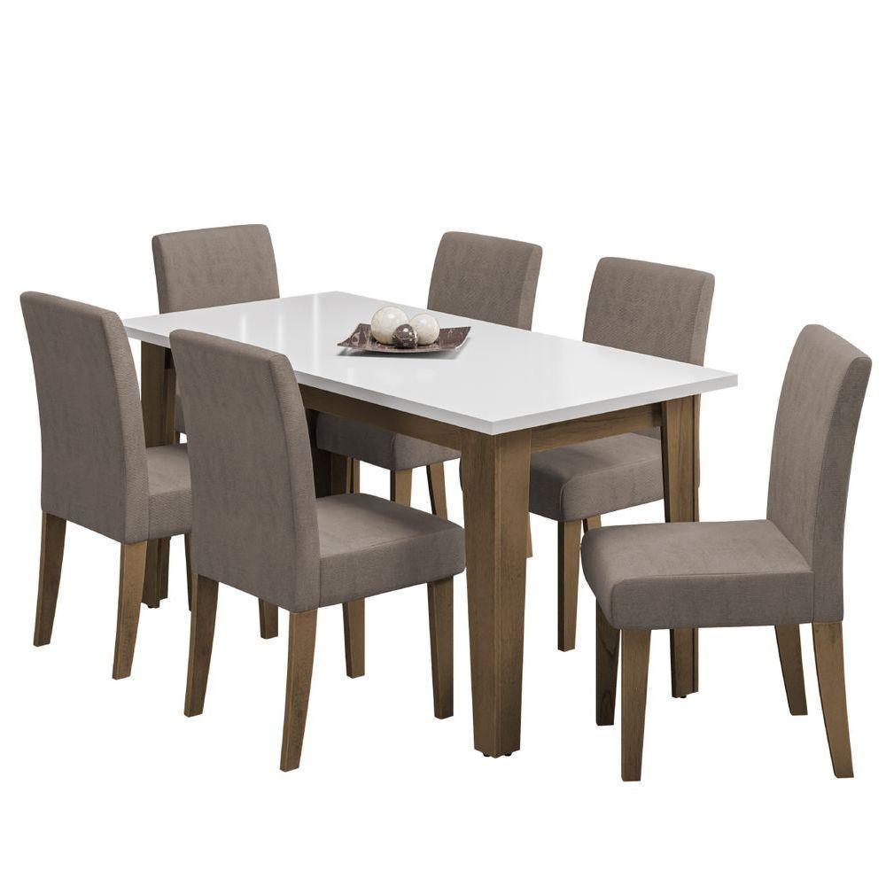 Conjunto De Mesa Sala De Jantar Miami Com 6 Cadeiras Trieste Suede 1,60m Cedro / Off White / Mascavo Dobuê Cedro / Off White