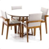 Conjunto Mesa De Jantar Redonda Branca Lara Premium 120cm Com 4 Cadeiras Estofadas Isabela - Bege