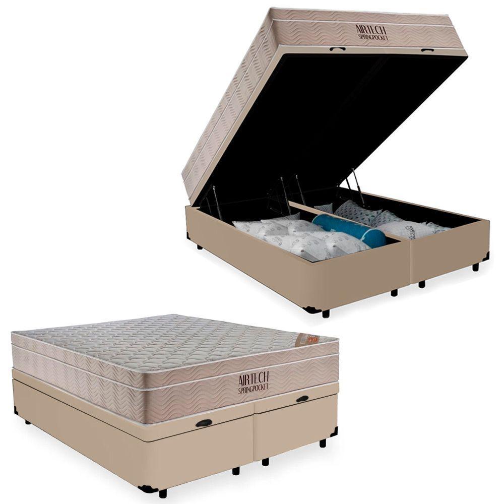 Cama Box Baú Queen Suede Bipartido + Colchão Molas Ensacadas Airtech Ortobom 69x158x198 Bege