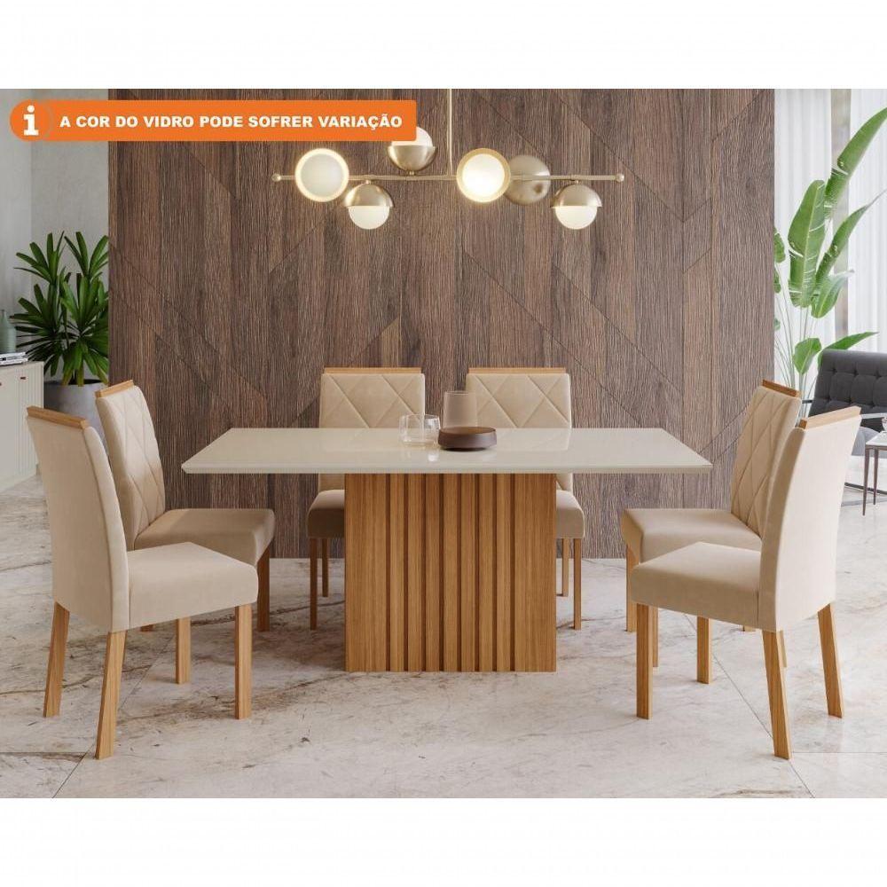 Conjunto Sala De Jantar180x90 Tampo Mdf/vidro 6 Cadeiras Cimol Nature/off White/madeira/nude