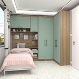 Quarto De Canto Solteiro Com Guarda Roupas Cabeceira E Mesa De Cabeceira Paris Luciane Móveis Avelã Pf Com Verde Pf