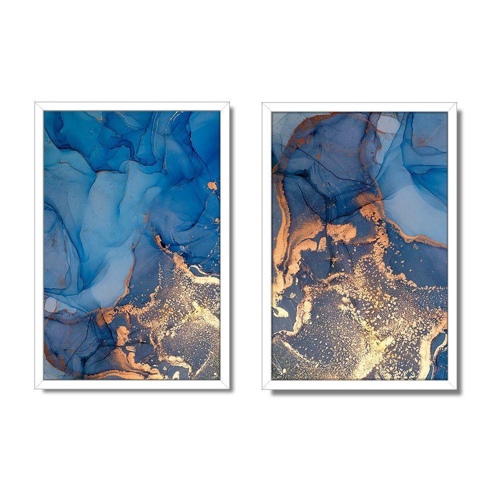 Quadro Decorativo Caixa Alta 2 Un 40x60 Mármore Aurora Azul Título Moldura Branca