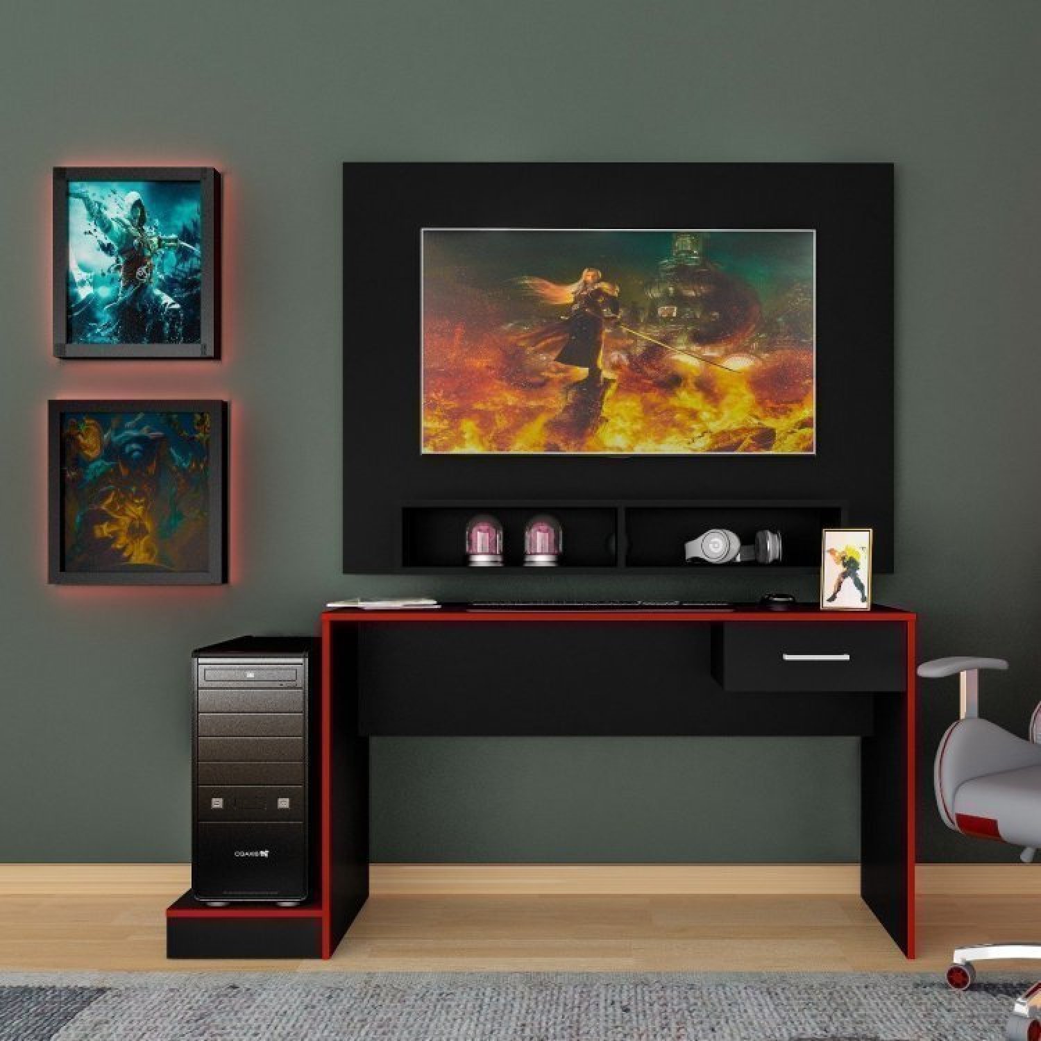 Conjunto Home Office 2 Peças 1 Mesa Gamer 1 Painel Para Tv Até 42 Polegadas Flash Espresso Móveis Preto/vermelho