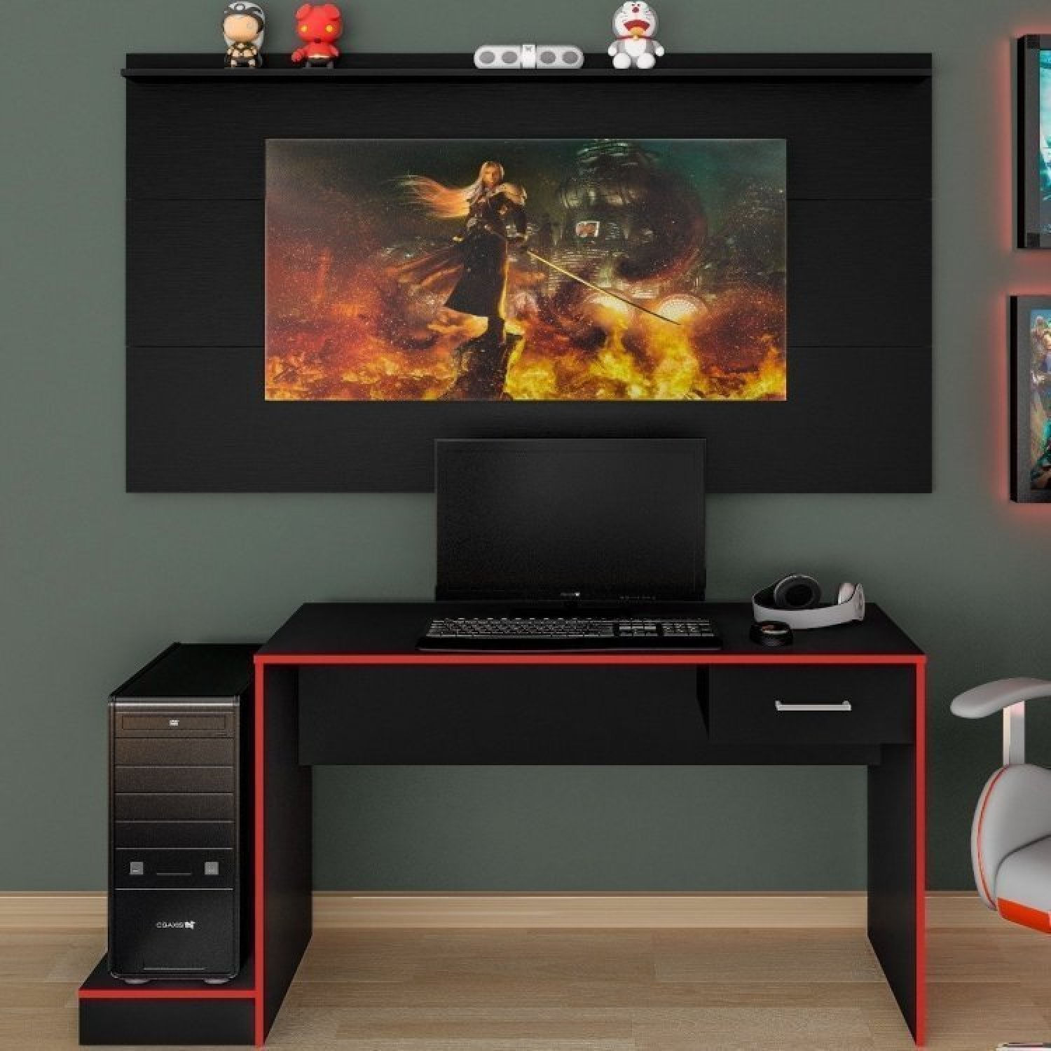 Conjunto Home Office 2 Peças 1 Mesa Gamer 1 Painel Para Tv Até 60 Polegadas Slim Espresso Móveis Preto/vermelho