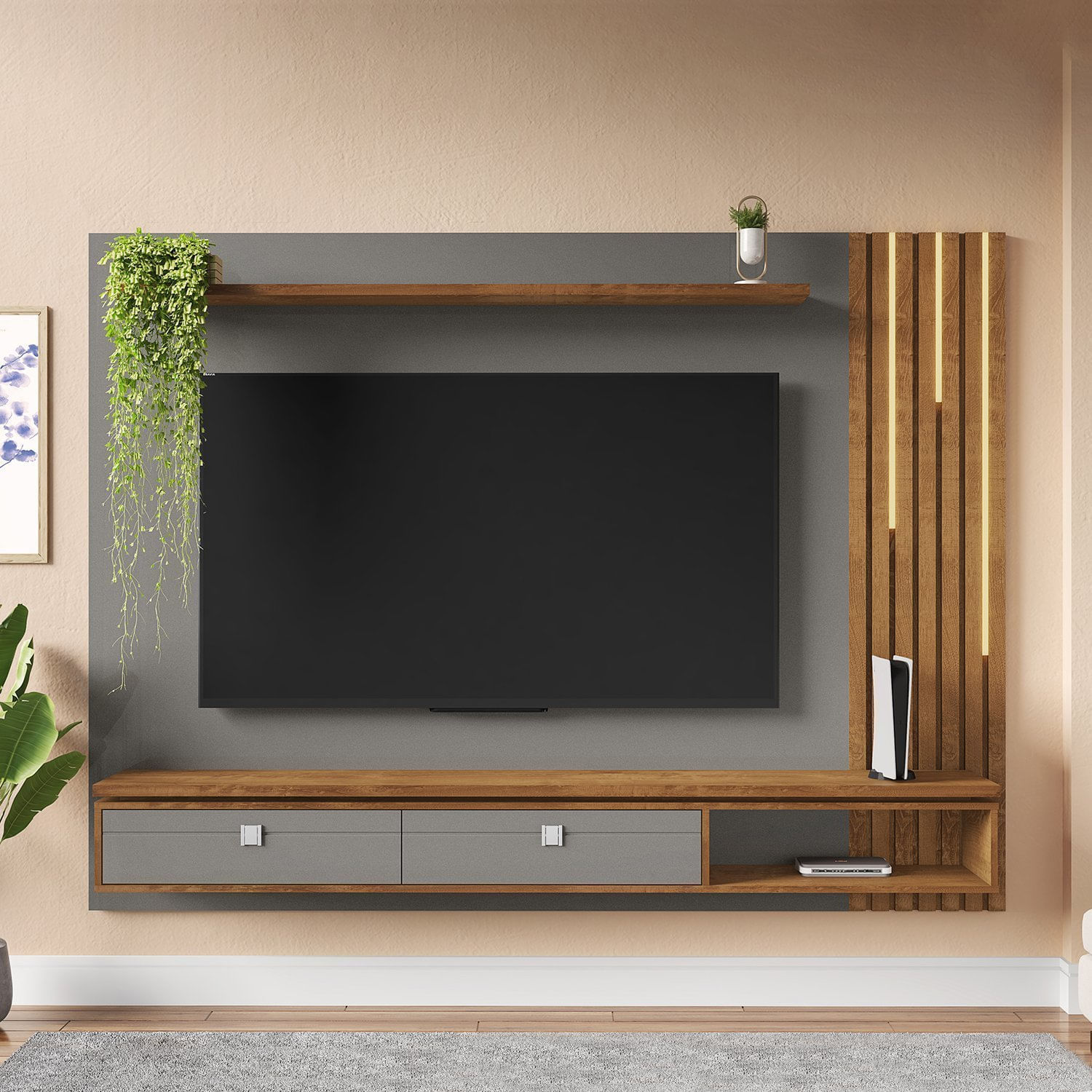 Painel Ripado Autêntico Para Tv Até 80 Polegadas 2 Gavetas Com Friso Decorativo Luminária Led Cascat Titanium/naturalle