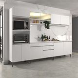 Cozinha Modulada Completa 5 Peças Com Paneleiro Armário Balcão Vidro E Tampo Veneza Branco Acetinado