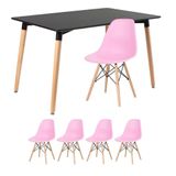 Mesa De Jantar Retangular Eames 80 X 120 Cm Preto + 4 Cadeiras Eiffel Dsw Rosa Claro