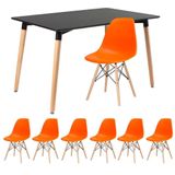 Mesa De Jantar Retangular Eames 80 X 120 Cm Preto + 6 Cadeiras Eiffel Dsw Laranja