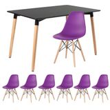 Mesa De Jantar Retangular Eames 80 X 120 Cm Preto + 6 Cadeiras Eiffel Dsw Roxo