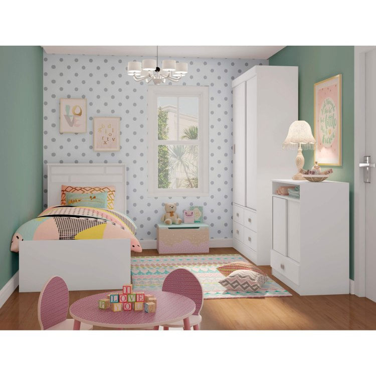 Quarto Infantil Completo com Guarda Roupa 2 Portas, Cômoda e Cama Valentina Espresso Móveis Branco