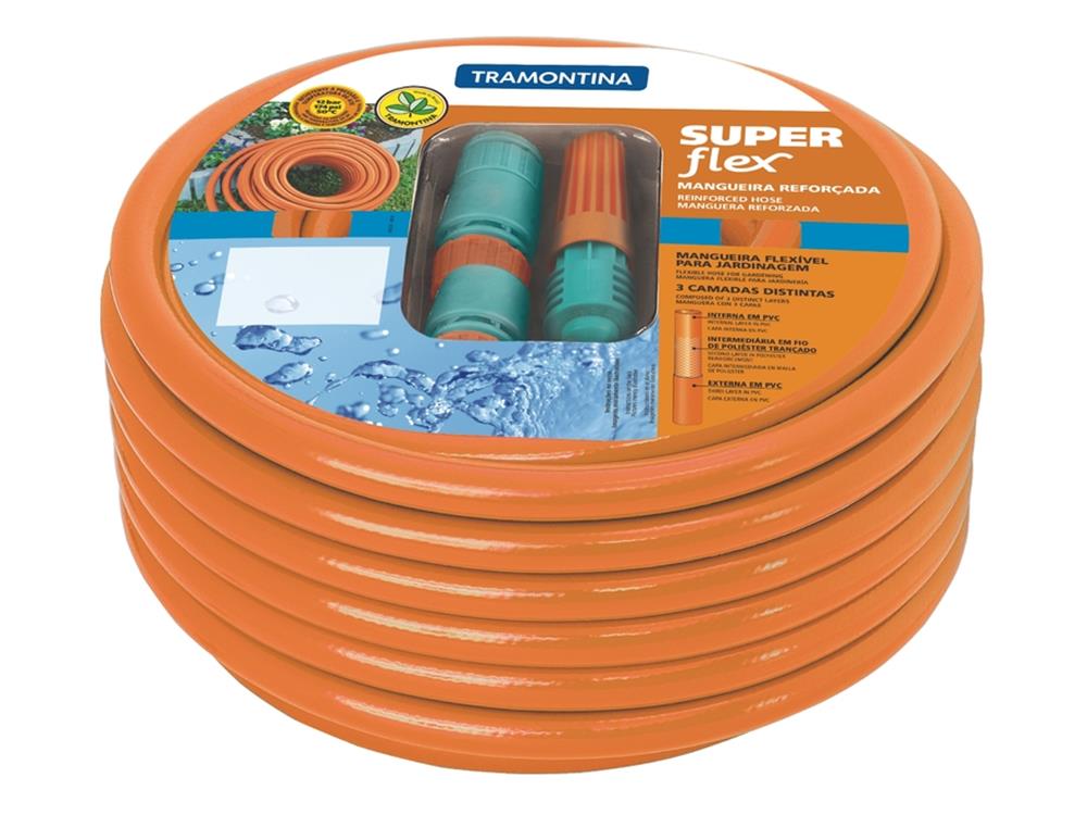 MANGUEIRA SUPER FLEX EM PVC LARANJA PARA JARDIM DE 1 2 COM 25 METROS E COM ENGATES PLASTI TRAMONTINA