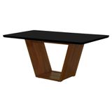 Mesa De Jantar Retangular 180x90 Mdf/vidro Para 6 Lugares Pés Madeira Maciça Safira - Imbuia/preto