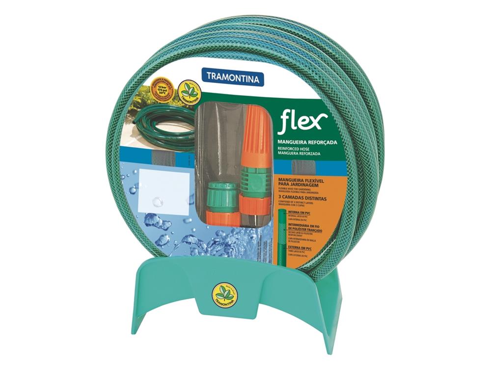 MANGUEIRA FLEX EM PVC PARA JARDIM COM 20 METROS E COM ENGATES E SUPORTE PLASTICOS TRAMONTINA