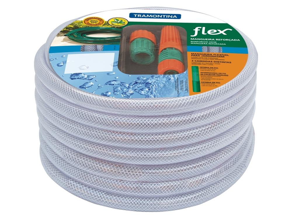 MANGUEIRA FLEX EM PVC TRANSPARENTE PARA JARDIM COM 20 METROS E COM ENGATES PLASTIC TRAMONTINA