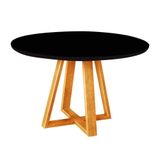 Mesa De Jantar Tampo Mdf/vidro Redonda Para 4 Lugares Pés Madeira Maciça - Mel/preto Preto