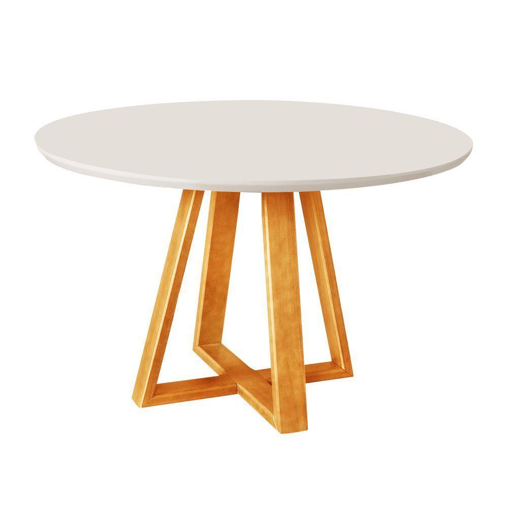 Mesa De Jantar Tampo Mdf/vidro Redonda Para 4 Lugares Pés Madeira Maciça - Mel/off White Bege