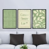 Kit 3 Quadros Casa Amor Lar Plantas Verde 33x24cm