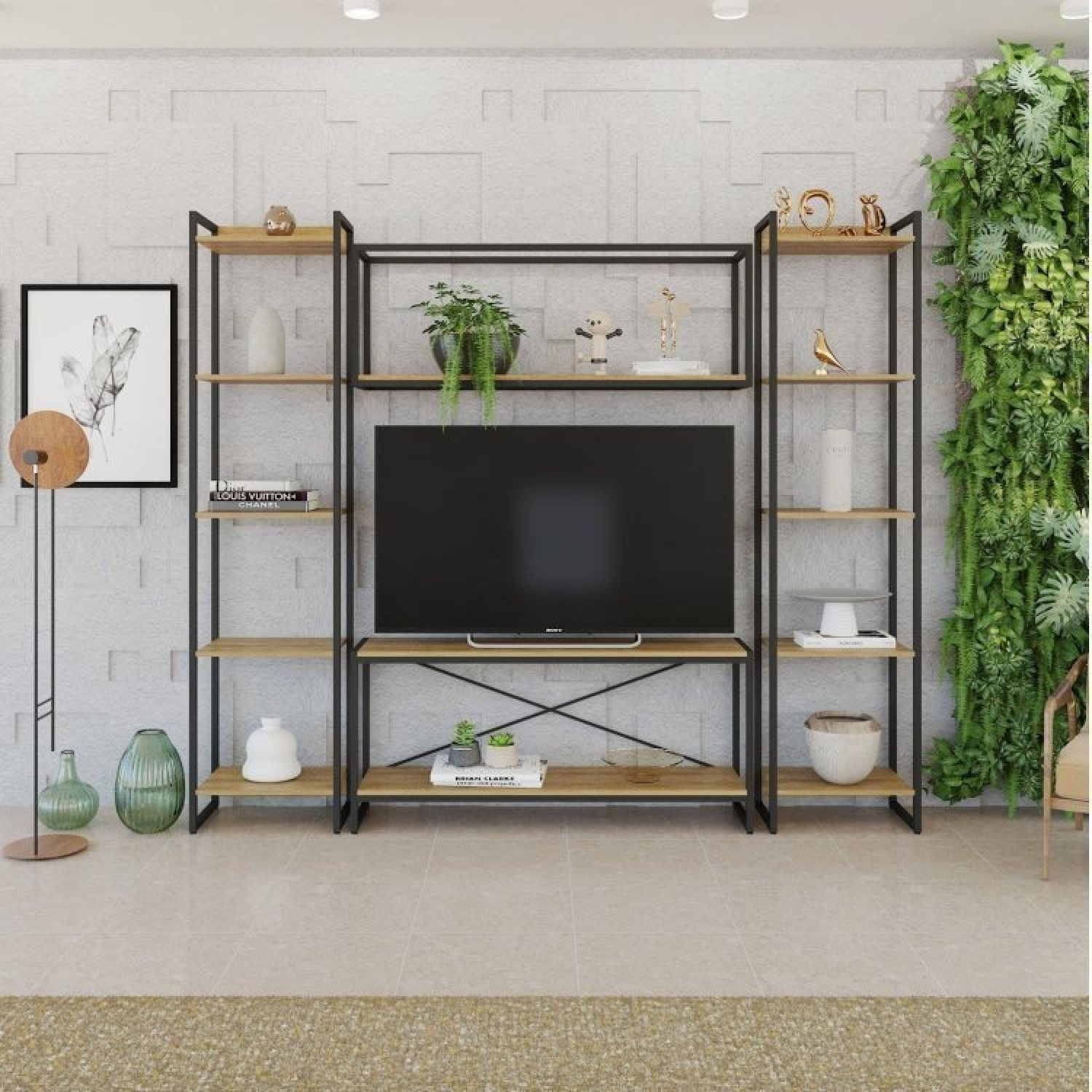 Conjunto Rack Para Tv Até 50 Polegadas 1 Nicho Aéreo 2 Estante Estilo Industrial Active Yescasa Mel