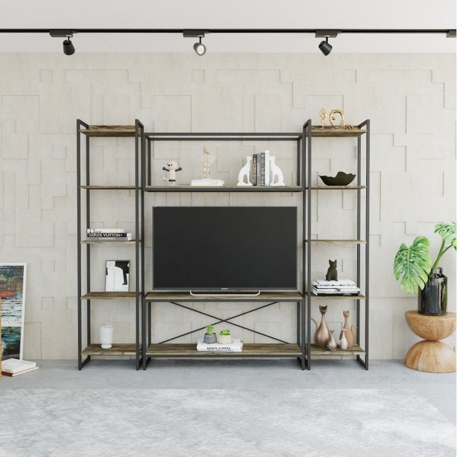 Conjunto Rack Para Tv Até 50 Polegadas 1 Nicho Aéreo 2 Estante Estilo Industrial Active Yescasa Carvalho Dark