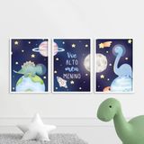 Kit 3 Quadros Dinossauro Astronauta Voe Alto 45x34cm - Com Vidro