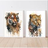 Kit 2 Quadros Decorativos Onça E Tigre Aquarela 24x18cm