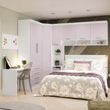 Quarto De Canto Casal Com Guarda Roupas Cabeceira E Escrivaninha Alpes Luciane Móveis Branco Pf Com Rosa Pf