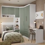 Quarto De Canto Solteiro Com Guarda Roupas Cabeceira E Escrivaninha Alpes Luciane Móveis Branco Pf Com Verde Pf