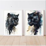 Kit 2 Quadros Pantera Negra Aquarela 45x34cm - Moldura Preta