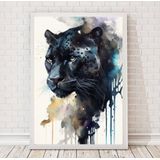 Quadro Pantera Negra Aquarela 24x18cm - Vidro E Moldura